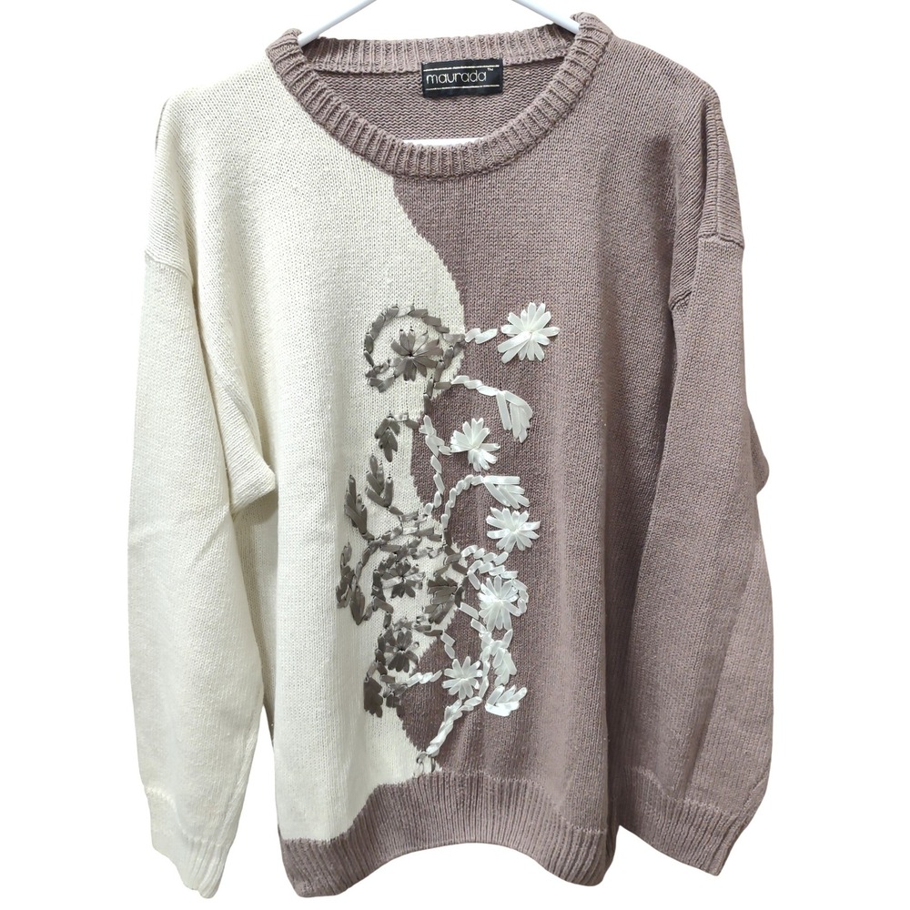 Maurada Color Block‎ Knit Sweater Ribbon Floral Applique Crew Neck Pullover